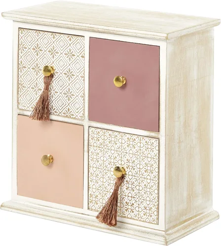 Vista 2 de Deco 79 Joyero floral de madera de 4 cajones con pomos de borlas, 9 x 4 x 9 pulgadas, marrón
