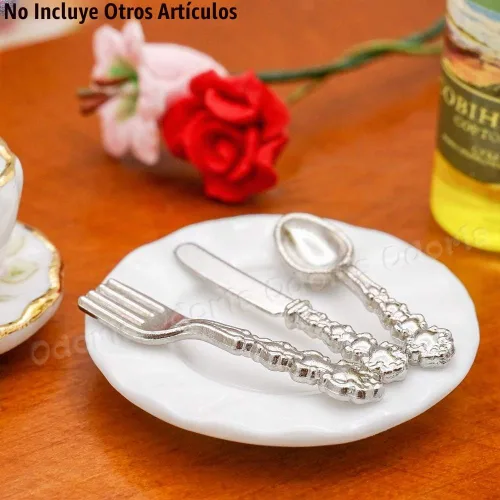 Vista 7 de Odoria 1/12 Platos en miniatura y cubiertos Cuchillo Tenedor Cuchara Juego de accesorios para casa de muñecas, plata plateado
