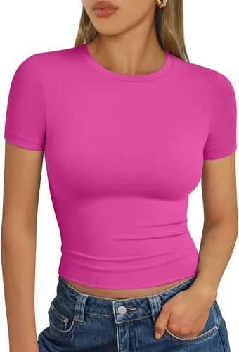 Vista 25 de Trendy Queen - Camisetas básicas para mujer, camisetas de verano 2025, de manga corta, ajustadas, para gimnasio, entrenamiento, ropa estilo Y2K