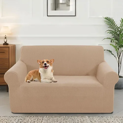 Vista 27 de Funda elástica para sofá, lavable, protector de muebles con espuma antideslizante y parte inferior elástica para niños, perros (sofá biplaza/beige)