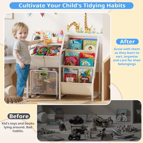 Vista 5 de Estantería para niños y organizador de almacenamiento de juguetes, estante de 3 niveles para habitaciones de niños con cajón móvil, estantería