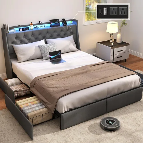 Vista 19 de SADENICEL Full Size Bed Frame with 4 Storage Drawer, Full Bed Frame, Grey