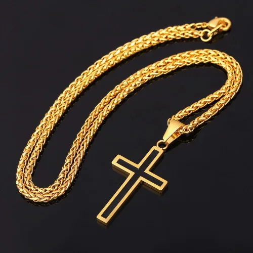 Vista 4 de U7 Simple Cross Necklace for Men Women, Stainless Steel Silver Black Gold Latin Cross Pendant Necklaces, Custom Engravable, Length 22-24 Inches