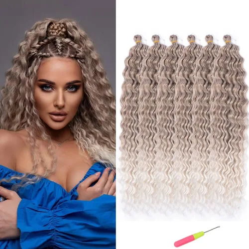 Vista 37 de Extensiones de cabello ondulado con ganchillo Ocean Wave de 18 pulgadas, 6 paquetes, extensiones de cabello de ganchillo sueltas de onda profunda #1B