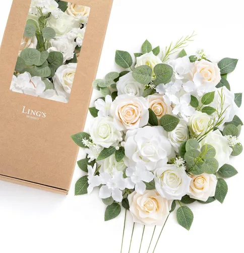 Vista 13 de Ling's moment Caja de flores artificiales, tallos de follaje artificial falso, rosas de espuma, dalia de seda, hierba de pampas, flor de tela