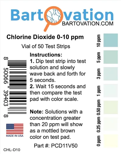 Vista 3 de Bartovation Tiras de prueba de dióxido de cloro, rango bajo, 0-10 ppm, paquete de 50 Fabricado en Estados Unidos