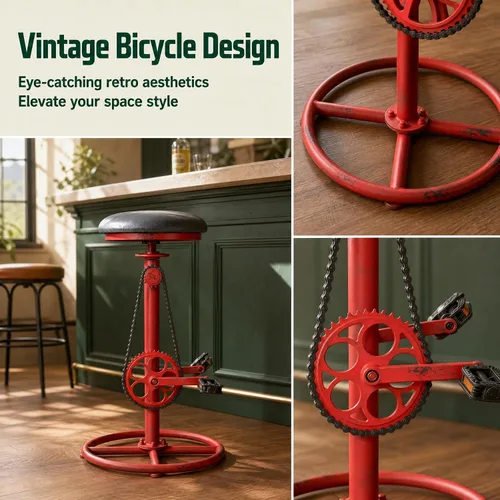Vista 5 de Bicycle-Style 29"-37" Adjustable Swivel Bar Stools Set of 2, Distressed Red Black Seat / Distressed Red Frame
