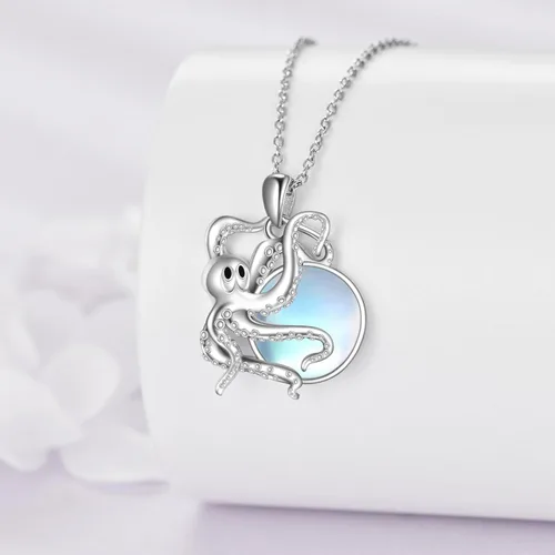 Vista 3 de CRMAD Collar de piedra lunar de pulpo para mujeres y niñas, plata de ley 925, collar con colgante de pulpo, joyería de océano, regalos de graduación