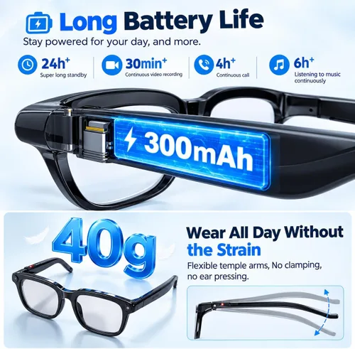 Vista 7 de Lentes inteligentes AI con cámara de 13 MP, audio Bluetooth, control de voz y traducción en tiempo real, gafas inteligentes de oreja abierta
