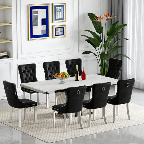 Vista 44 de Juego de mesa de comedor extensible de 63 a 79 pulgadas para 4, moderna mesa de cocina expandible con 4 sillas de terciopelo, mesa de madera gruesa