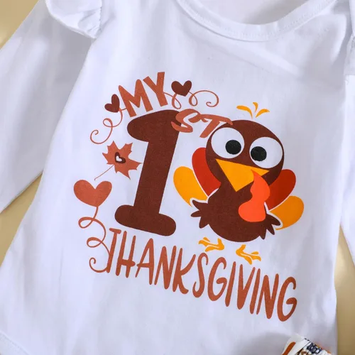 Vista 5 de Ovmxqso My First Thanksgiving Baby Girl Outfits - Mameluco de manga larga con tirantes, falda de pavo y diadema con lazo