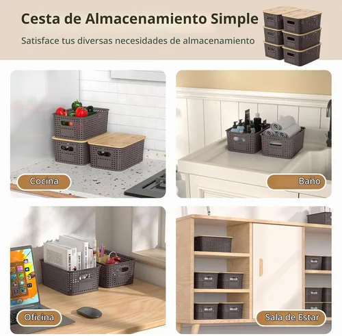 Vista 4 de Cestas de almacenamiento de plástico con tapas de bambú, contenedores pequeños apilables para organización y contenedores para estantes, cajones