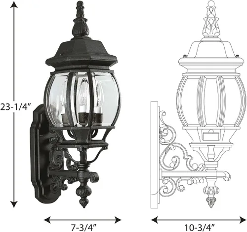 Vista 3 de Progress Lighting Onion Lantern Collection - Farol de pared tradicional de cristal biselado transparente con 3 luces, color negro