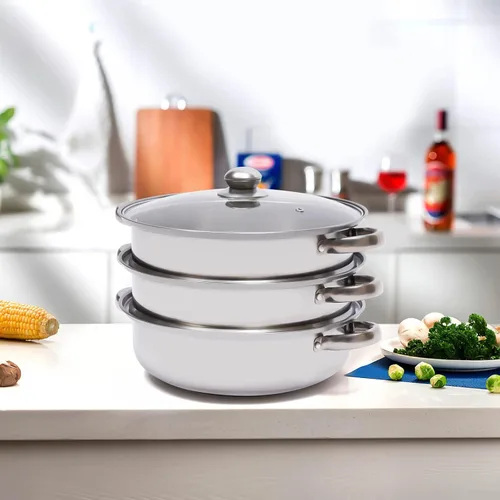 Vista 7 de Vaporizador de 3 niveles de acero inoxidable para cocinar con tapa de vidrio templado para cocinar alimentos al vapor 28cm/11in