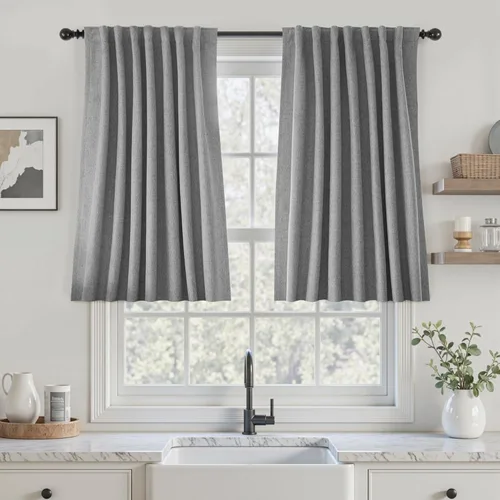 Vista 67 de UHITECH Cortinas cortas de lino de 24 pulgadas de largo para ventanas pequeñas de granja, cortinas opacas modernas para sala de estar, pestañas