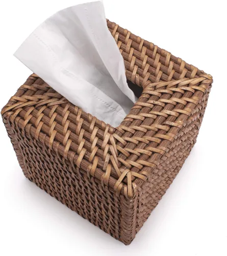 Vista 2 de Cubierta de la caja de pañuelos de ratán tejido natural para servilleta facial cuadrada (marrón miel, 5.5 x 5.5 x 5.9 pulgadas)