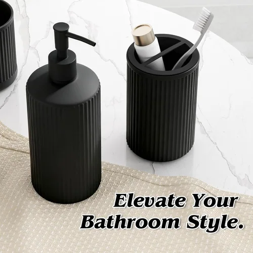 Vista 4 de Juego de accesorios de baño de cristal negro, 5 piezas, dispensador de jabón acanalado vintage, soporte para cepillo de dientes, vaso, tarro Qtip