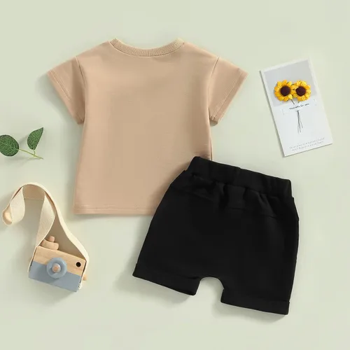 Vista 23 de Conjunto de traje de verano para bebé niño pequeño, manga corta, cuello redondo, letras impresas, lindo traje de verano, conjunto de 2 piezas