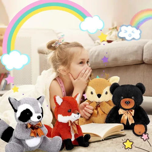 Vista 5 de Zomiboo Juego de 4 piezas de animales de peluche del bosque, de la selva, incluye peluche de alce, zorro, mapache, oso, realista, negro, animales