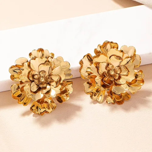 Vista 7 de Aretes de flor dorada para mujer, diseño floral bohemio en capas, aretes de flor grande