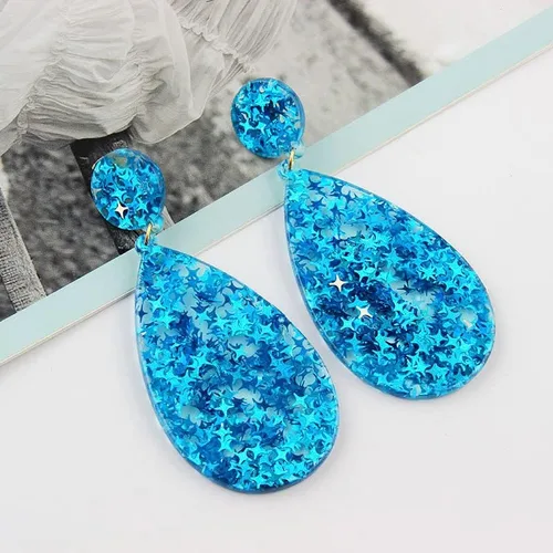 Vista 2 de Aretes de acrílico con purpurina, forma de lágrima redonda con lentejuelas, aretes de estrella brillante, aretes de lágrima geométrica bohemia