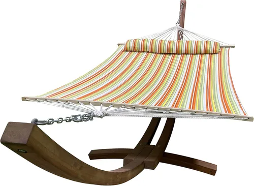 Vista 11 de Soporte para hamaca de arco de madera tratada al agua de 14 pies + cama hamaca premium acolchada, doblemente acolchada. Cama para 2 personas. Beige