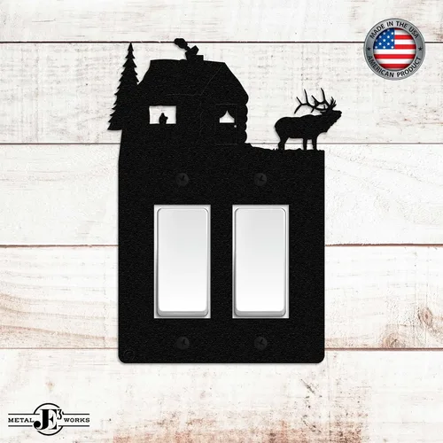 Vista 2 de Elk & Cabin - Placa de pared para interruptor de luz de doble banda (GFCI), color negro, fabricada en Estados Unidos American Steel Decorative