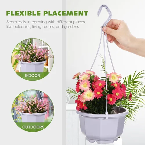 Vista 7 de 8-Inch Hanging Planters Octagonal Plastic Flower Pots with Hook, 10pcs Indoor Hanging Plant Baskets for Balcony and Garden, White Gardening