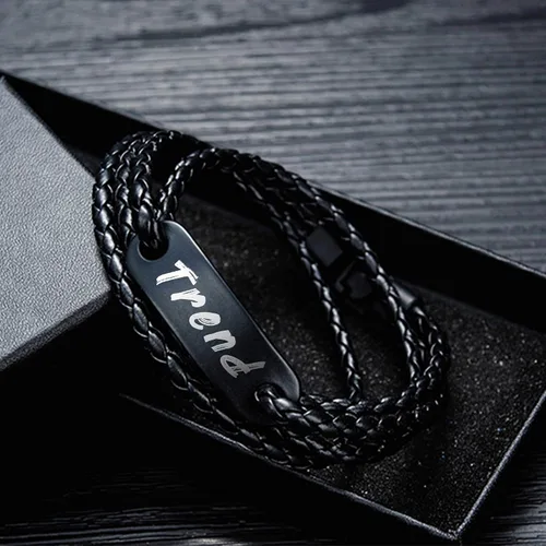 Vista 6 de GEAPRIE Pulsera de cuero personalizada con texto personalizado Pulsera de cuero PU para hombres de moda de tres capas, Cuero, Sin gemas.
