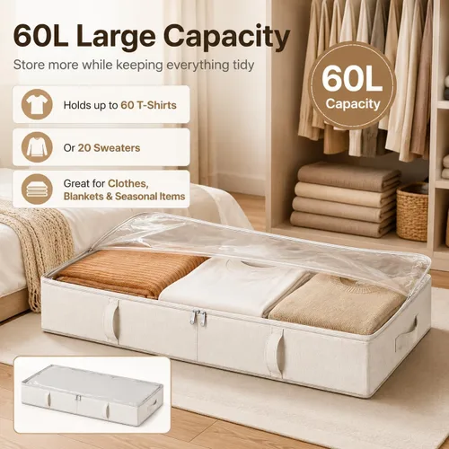 Vista 2 de Vailando Contenedores de almacenamiento para debajo de la cama, 6 pulgadas de alto y 60 litros debajo de la cama con asas resistentes y paredes