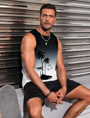 Vista 5 de Camisetas sin mangas con gráficos para hombre, camisetas musculares hawaianas para playa, árbol de coco hawaiano, camisetas sin mangas patrióticas