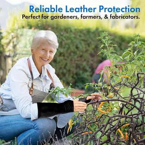 Vista 7 de Arm Chaps Mangas Protectoras de Cuero Guardabrazos - Previene Cortes, Arañazos y Moretones - Ideal para Jardinería y Construcción., Negro