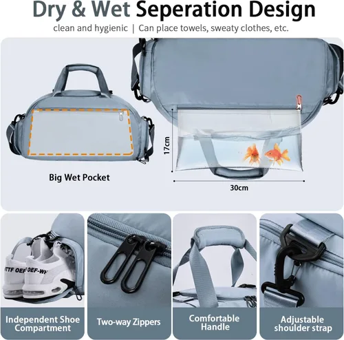 Vista 2 de FIORETTO Bolsa de deporte para hombre con bolsillo húmedo y compartimento para zapatos, ideal para viajes, gimnasio, deportes, natación, B-azul