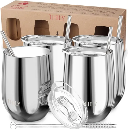 Vista 11 de THILY Paquete de 4 vasos de vino de acero inoxidable con aislamiento al vacío con tapas deslizantes y pajitas, 12 onzas, mantiene el frío para jugo