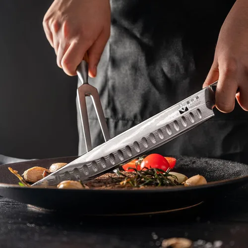 Vista 5 de Juego de cuchillos y tenedores para carne de pavo – Juego de 2 con cuchillo de corte de Damasco de 9 pulgadas y tenedor de 6 pulgadas – Acero Juego