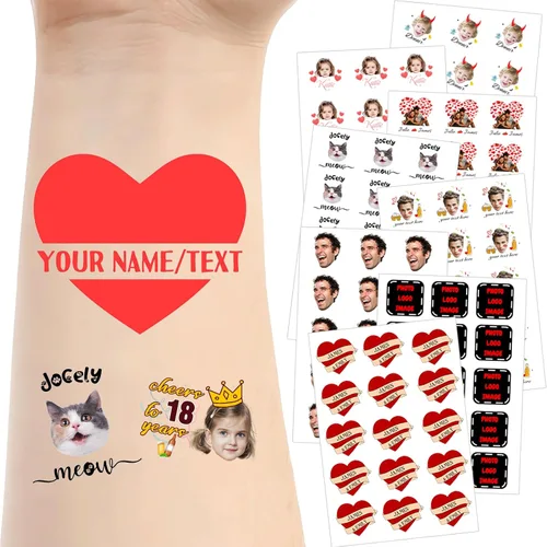 Vista 7 de Tatuajes temporales personalizados para la cara, tatuajes faciales personalizados con nombre de foto, logotipo, texto, calcomanía de tatuaje falsa