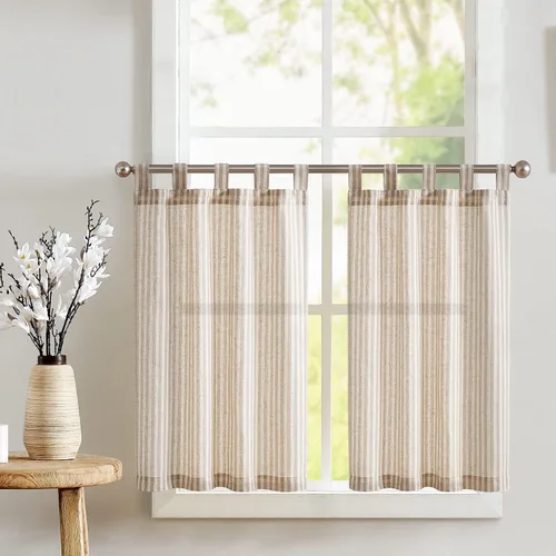 Vista 50 de Jinchan - Cortinas de lino a rayas para cocina, 24 pulgadas, beige, 2