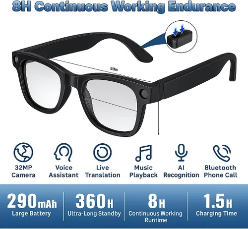 Vista 5 de TREEFIA Lentes inteligentes AI con cámara HD 1080P, traducción en tiempo real AI, audio Bluetooth, lentes inteligentes con cámara, grabadora