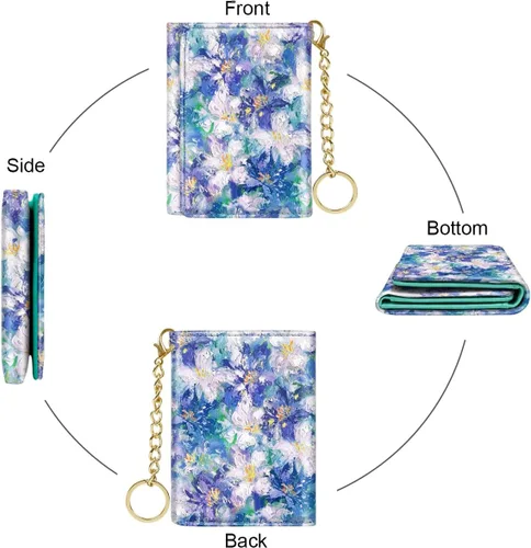 Vista 6 de Billetera triple para mujer, pequeña, delgada, con bloqueo RFID, bonito tarjetero de cuero con bolsillo largo para efectivo y llavero, Azul Flores
