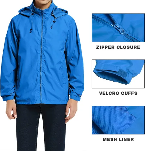 Vista 4 de MYJAJAYI Chaqueta cortavientos ligera para hombre, impermeable, con capucha, con cierre de cremallera