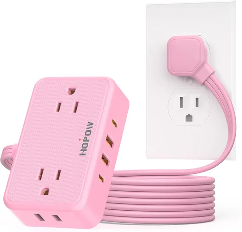 Vista 14 de HOPOW - Cable de extensión de enchufe plano, 4AC y 2A2C, regleta de alimentación de 6 pies para viajes Extension Cord with Multiple Outlets