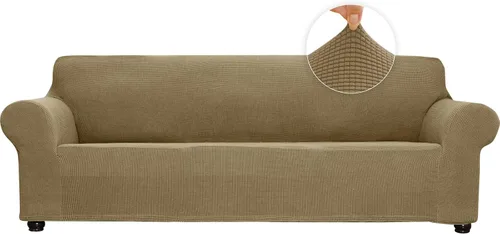 Vista 25 de Funda elástica suave para sofá de 3 cojines, protector de muebles, transpirable, lavable, tela jacquard, cuadros pequeños con parte inferior Beige