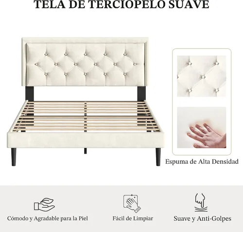 Vista 3 de CXVX Base de cama tamaño matrimonial con plataforma tapizada con botones de terciopelo incrustados, base de colchón con soporte de listones