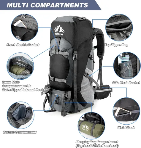 Vista 4 de Night Cat Mochilas de Senderismo 70L Mochilas de Camping para Hombres y Mujeres Ligeras al Aire Libre para Montañismo y Viajes, Sin Marco Interno