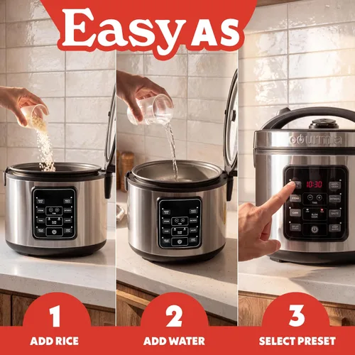 Vista 2 de Arrocera Gourmia – Capacidad de 3 Qt, 12 tazas cocidas, 6 tazas sin cocinar, controles digitales, cocedor de granos y vaporera, cesta de vapor