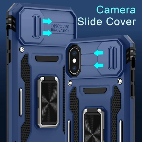 Vista 151 de DEERLAMN Funda para iPhone Xs Max con funda deslizante para cámara + protector de pantalla, soporte giratorio de anillo de grado militar a prueba