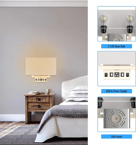 Vista 4 de LEDMyplace - Aplique de pared LED de 2 luces, apliques para sala de estar con puertos USB y tomacorriente, apliques de latón, base E26, acabado