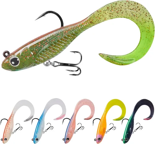 Vista 10 de TRUSCEND Duramax TPE Soft Fishing Lures with BKK Hooks, Easy Catch Curly & T-Tail for Trembly Sinking & Vibrating Swim, UV or Glow Effect for All