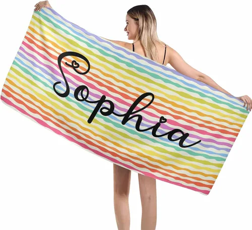Vista 13 de MyPupSocks Toalla colorida personalizada para niños – Color arcoíris personalizada para viajes, playa, piscina y toallas de baño, toalla con nombre