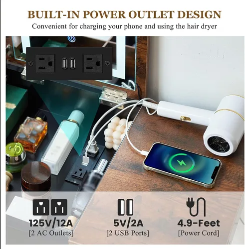 Vista 5 de Tocador Pequeño, Tocador Compacto para Niñas con Taburete y Toma de Corriente, Escritorio de Maquillaje con Espejo y Luz LED, Mesa de Tocador